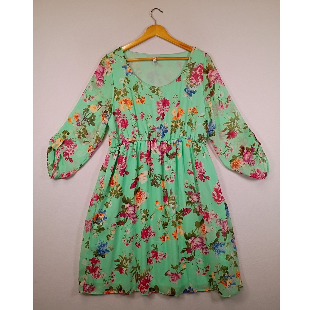 Cottagecore PinkBlush Women XL Mint Green Floral Chiffon 3/4 Sleeve Dress
